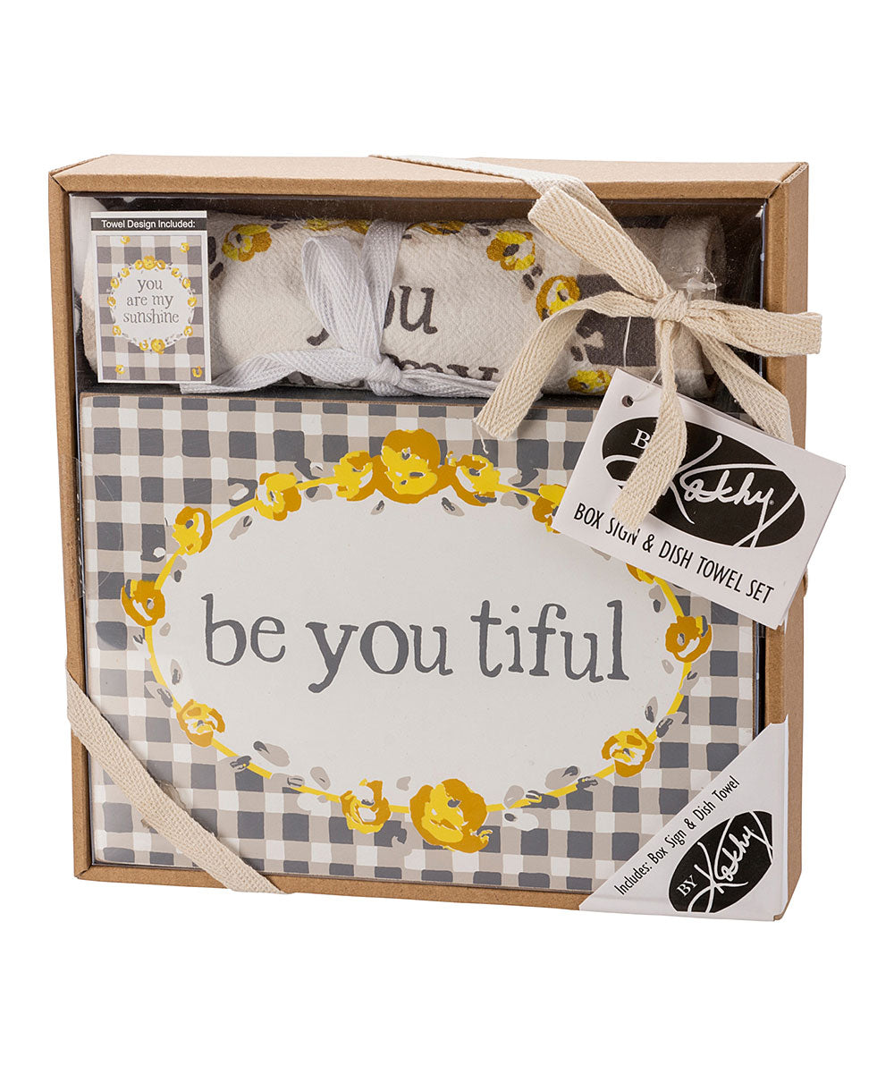 Gray & White Gingham 'Be You Tiful' Block Sign & Dish Towel - C14 - 729