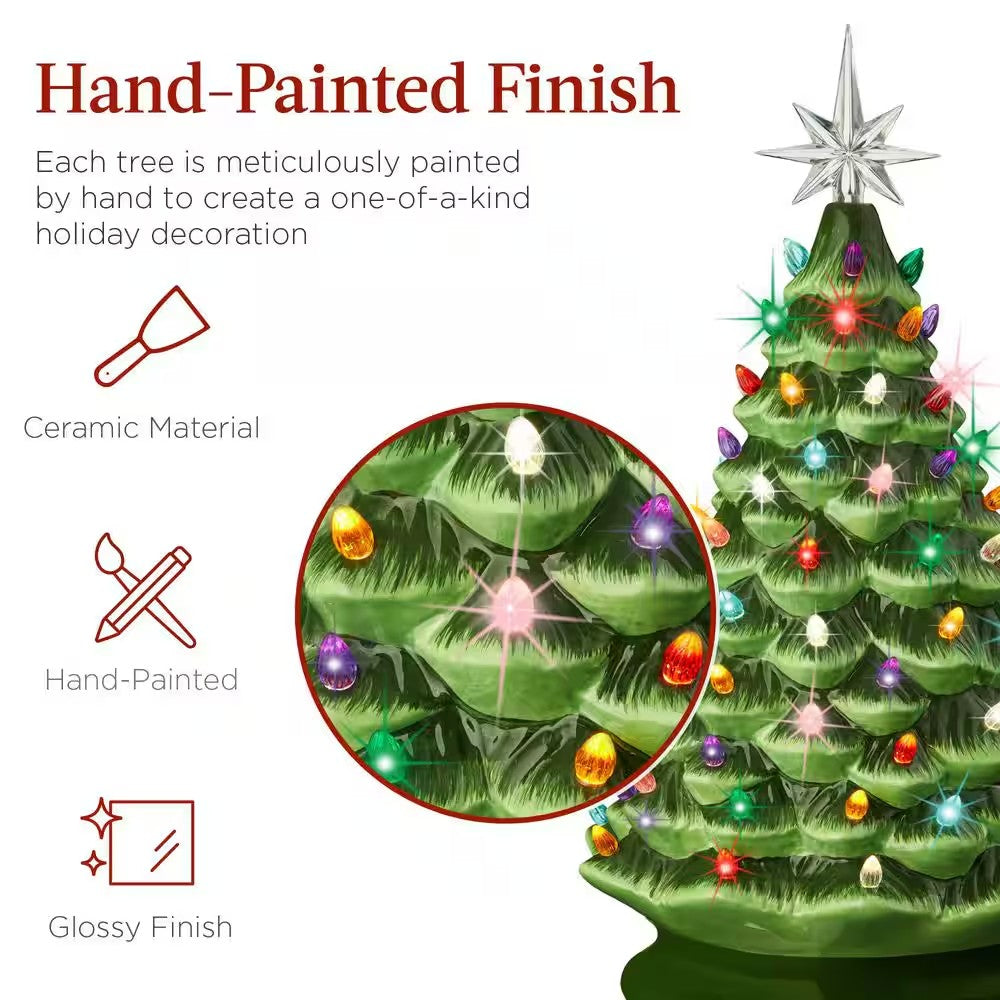 18in. Green Pre-Lit LED Ceramic Artificial Christmas Tree with 93 Multicolor Lights - E7 - 1035