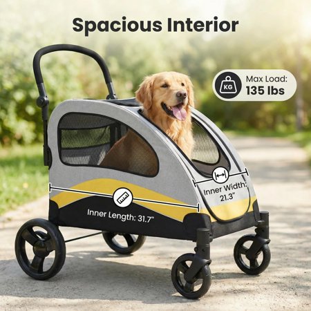 Heavy Duty XL Dog Stroller for Large Pets up to 160 lbs, Collapsible Pet Jogger with Breathable Mesh, 360  Swivel Wheels, Shock Absorption, Adjustable Handle, Storage Pocket, Yellow - M3 - 1983