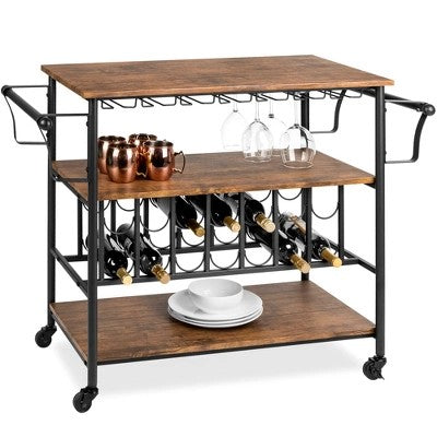Best Choice Products 45in Industrial Wood Shelf Bar & Wine Storage Service Cart w/ Bottle & Glass Racks, Locking Wheels - B11 - 1507