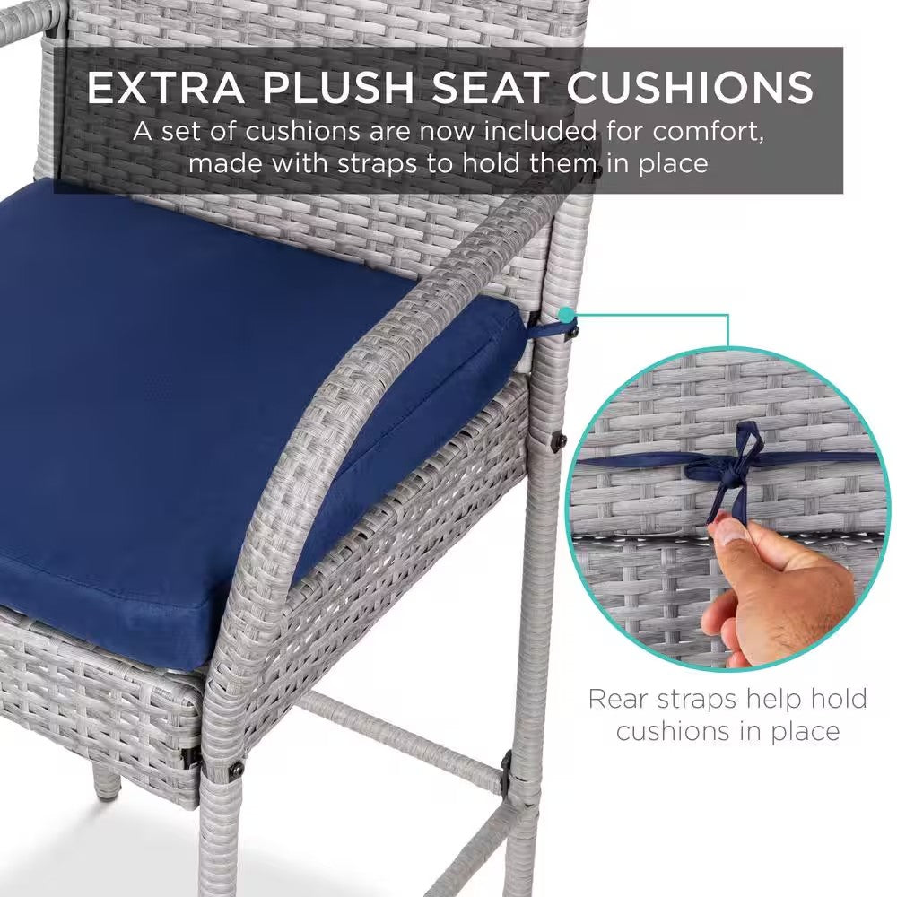 Wicker Grey Outdoor Bar Stools with Navy Blue Cushions (2-Pack) -M8-0043