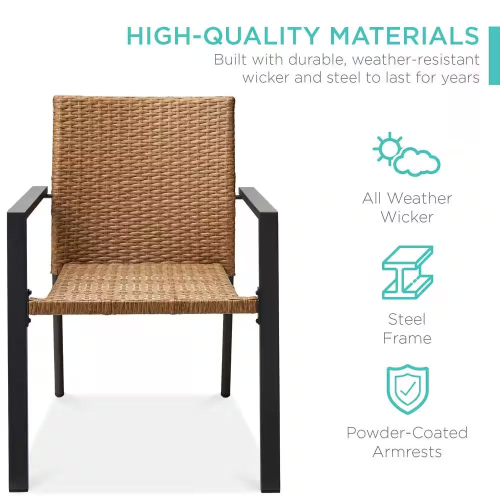 Set of 2 Stackable Natural Wicker Chairs with Armrests, Steel Conversation Accent Furniture for Patio -M5-0034