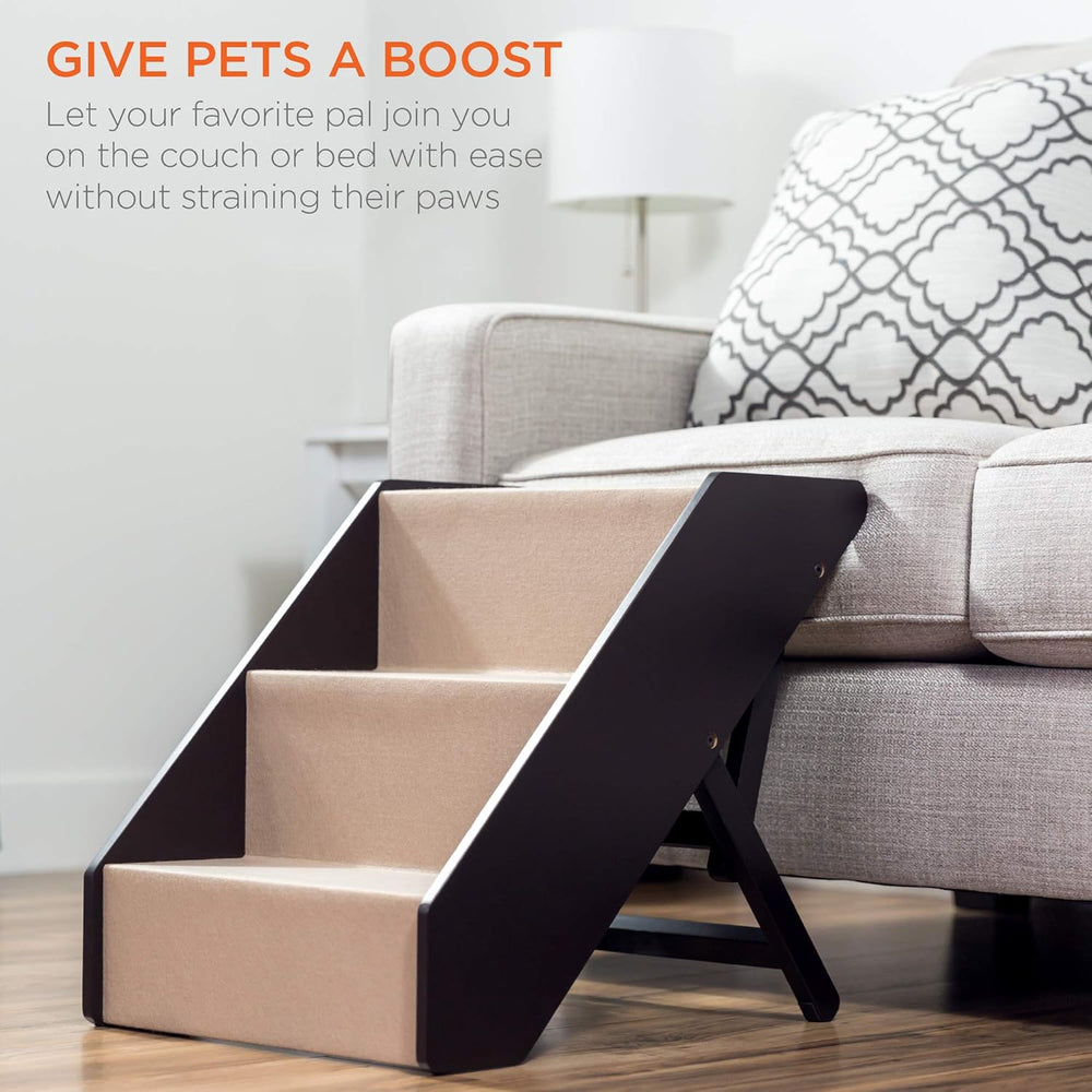 Best Choice Products 3-Step Foldable Adjustable, Non-Slip Wide Wooden Pet Stairs for Living Room, Bedroom, Dog & Cat Sizes Small, Medium, Large w/Carpet, No Assembly, Ideal for Injured, Elderly Pets 1486