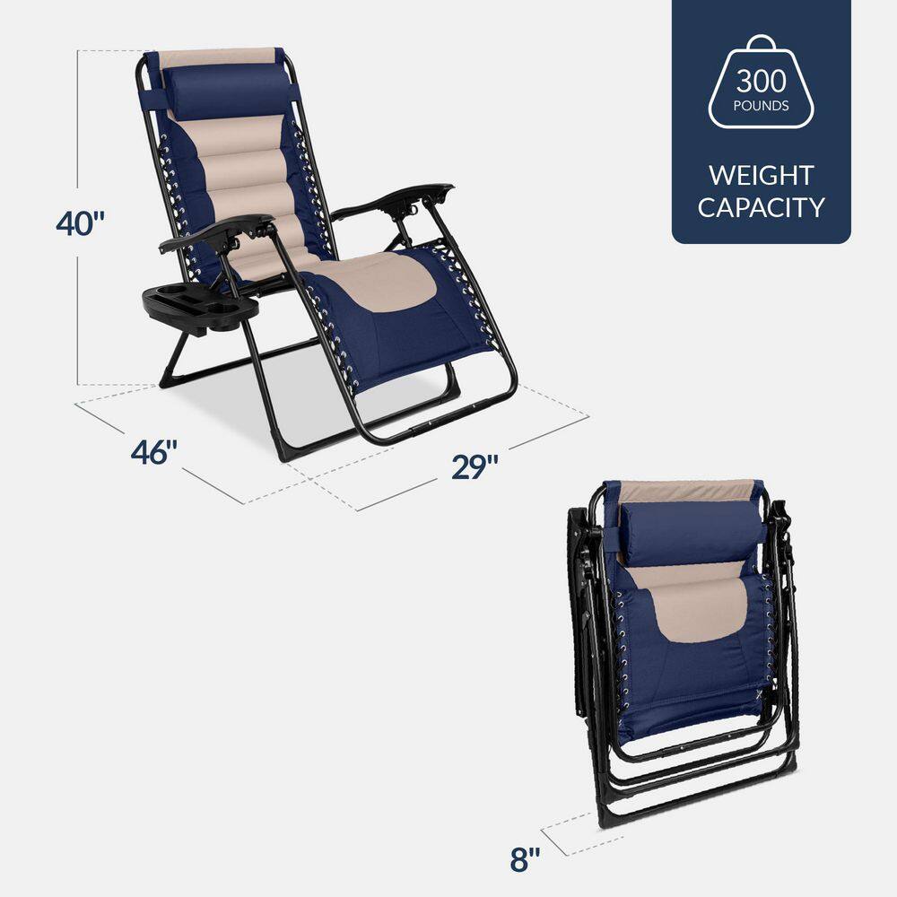 Oversized Padded Zero Gravity Navy/Oyster Metal Reclining Outdoor Lawn Chair with Side Tray - C9 - 1449
