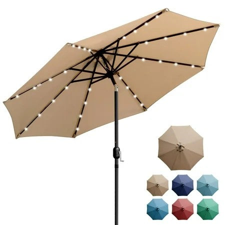 Sun-Ray 9 FT 32 LED Patio Solar Umbrella w/ Push Button Tilt and Crank Outdoor Umbrella Taupe 1754
