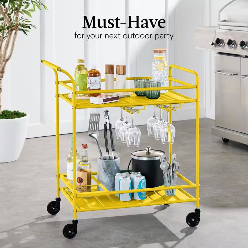 2-Tier Yellow Outdoor/Indoor Metal Bar Serving Cart with Storage Shelves and Lockable Wheels -A6-0498