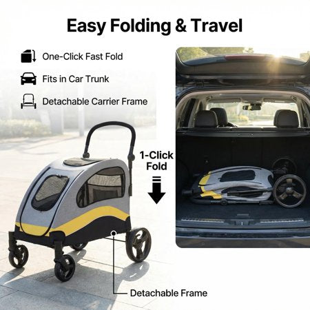 Heavy Duty XL Dog Stroller for Large Pets up to 160 lbs, Collapsible Pet Jogger with Breathable Mesh, 360  Swivel Wheels, Shock Absorption, Adjustable Handle, Storage Pocket, Yellow - M3 - 1983