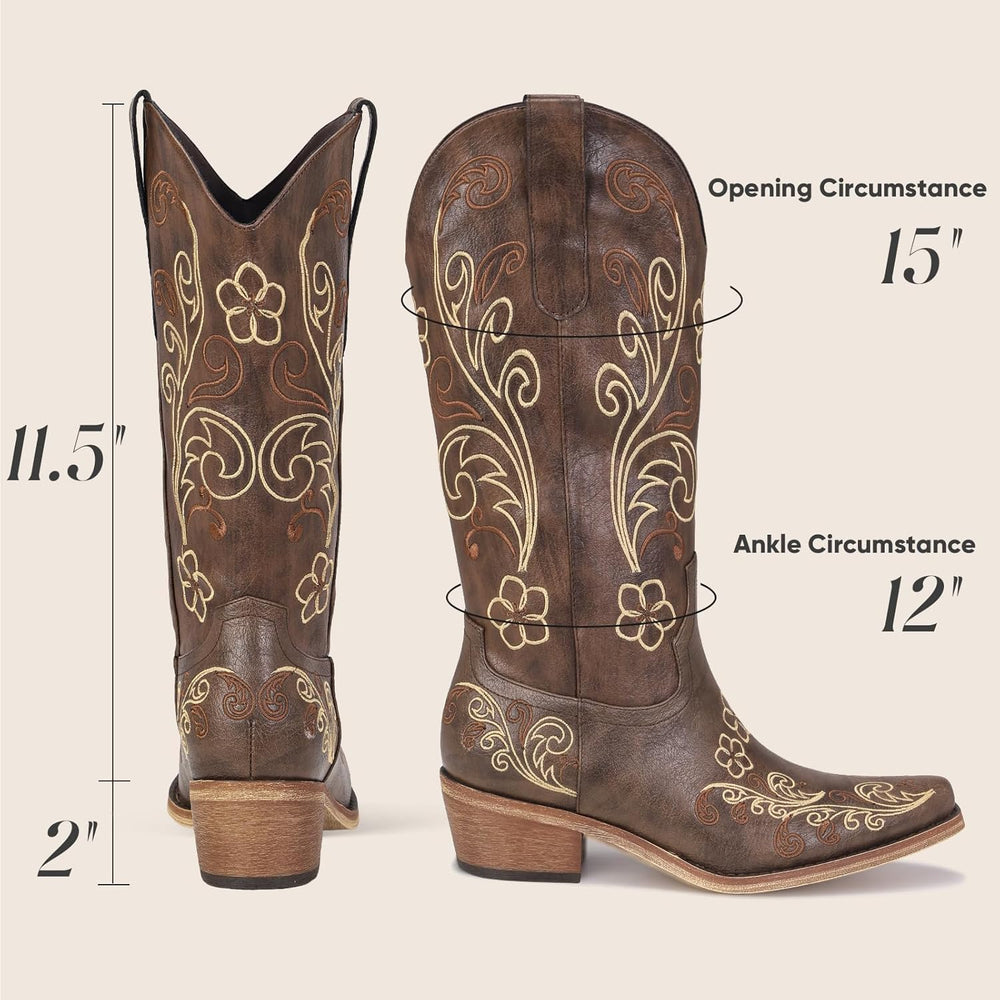 Cowboy Boots for Women Wide Calf - Cowgirl Boots with Pointed Toe and Chunky Heel for All-Day Comfort | Perfect for Country Music Festivals & Daily Wear - Size 5.5 - J13 - 255