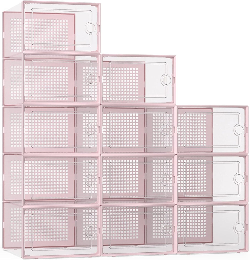Kuject X-Large Shoe Storage Boxes Organizers Clear Plastic Stackable 12 Pack, Shoe Rack & Holder Substitute, Sneaker Containers, Toy Storage Organizer Bins for Entryway, Closet, Under Bed, Pink 1464