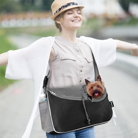 PetAmi Small Dog Sling Carrier, Soft-Sided Crossbody Puppy Carrying Purse Bag, Adjustable Sling Pet Pouch to Wear Medium Dog Cat Travel, Dog Bag for Traveling, Breathable, Poop Bag Dispenser, Black -E10-1877