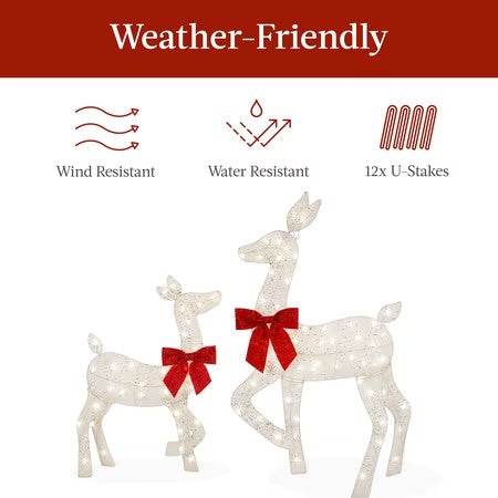 Best Choice Products 4ft 3-Piece Lighted 2D Christmas Deer Set Outdoor Yard Decoration w/ 175 LED Lights, Stakes - White-F1-1596