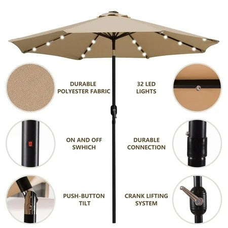 Sun-Ray 9 FT 32 LED Patio Solar Umbrella w/ Push Button Tilt and Crank Outdoor Umbrella Taupe 1754