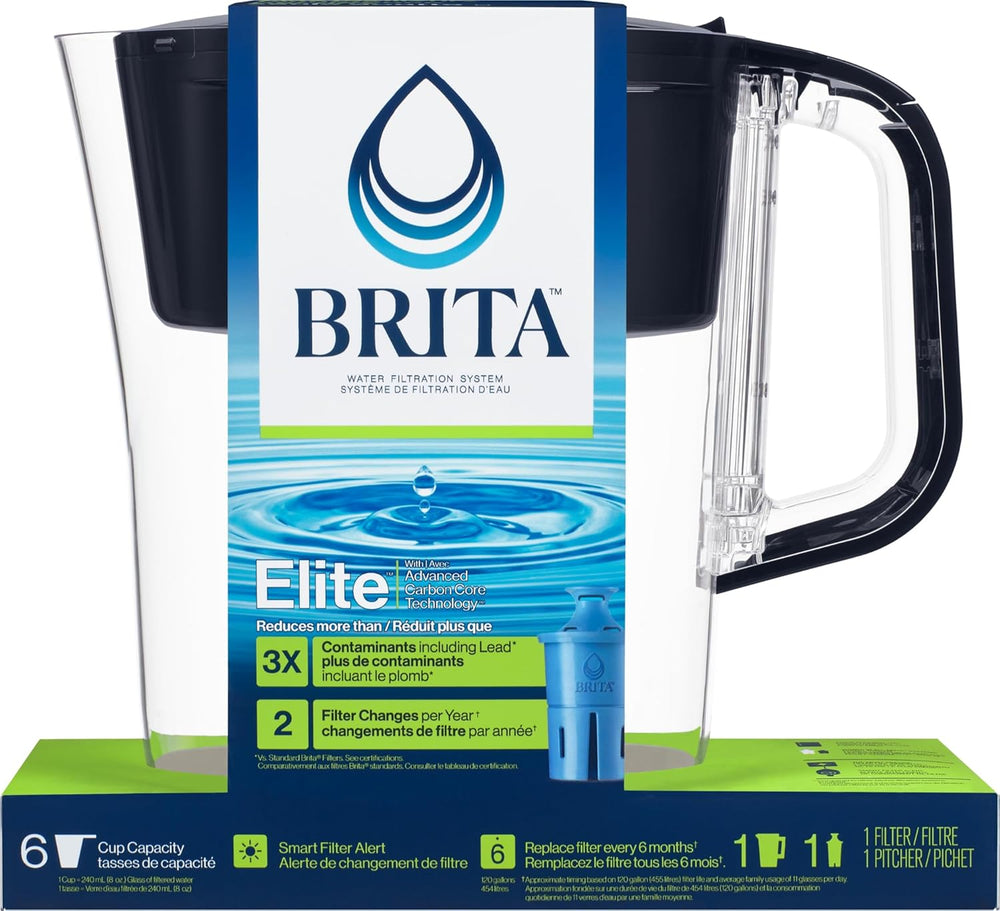 Brita Water Filter Space Saver Pitcher for Tap and Drinking Water with 1 Elite Filter, Black - L2 - 1418