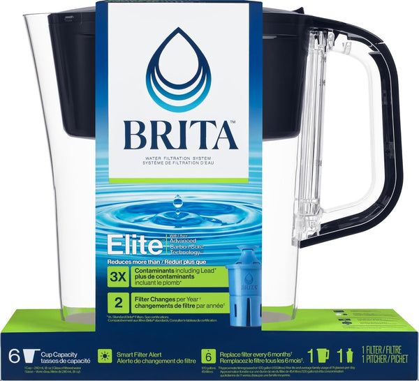 Brita Water Filter Space Saver Pitcher for Tap and Drinking Water with 1 Elite Filter, Black - L2 - 1418