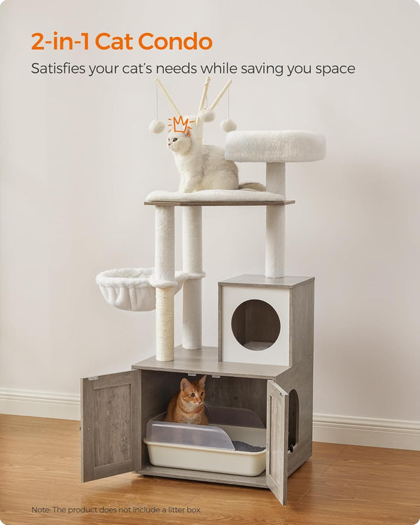 Feandrea Cat Tree with Litter Box Enclosure, 59-Inch Modern Cat Tower, 2-in-1 Condo with Scratching Posts, Washable Removable Cushion - M7 - 1652