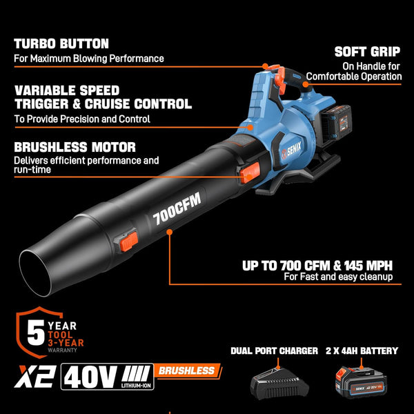 SENIX Leaf Blower Cordless, 40V Max Electric Leaf Blowers, Brushless, Handheld, Up to 700 CFM and 145 MPH, 2 Speed Mode, Cruise Control, Includes 2 x 4.0Ah Battery and Charger (BLAX2-M2) 1889