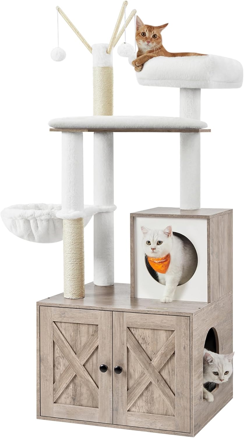 Feandrea Cat Tree with Litter Box Enclosure, 59-Inch Modern Cat Tower, 2-in-1 Condo with Scratching Posts, Washable Removable Cushion - M7 - 1652