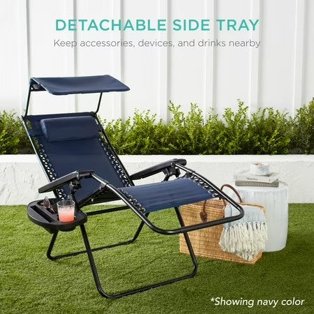 Best Choice Products Folding Zero Gravity Recliner Patio Lounge Chair w/ Canopy Shade, Headrest, Tray - Beige - M5 - 1958
