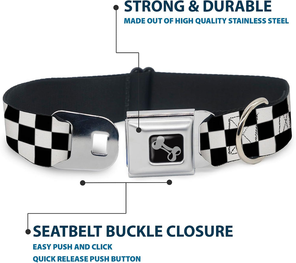 Dog Collar Seatbelt Buckle Checker Black White 18 - 36 Inches 1.5 Inch Wide, Multicolor - L10 - 1660
