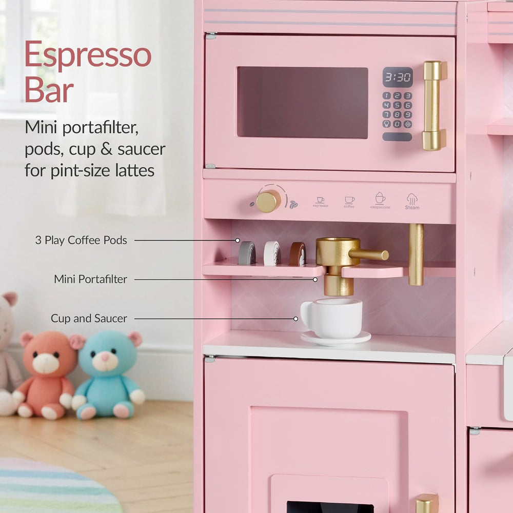 Best Choice Products Toddler Kitchen Playset with Pretend Play Espresso Machine, Interactive Wooden Kids Play Kitchen Equipped with Toy Storage and 17 Accessories - Pink - G8 - 1014