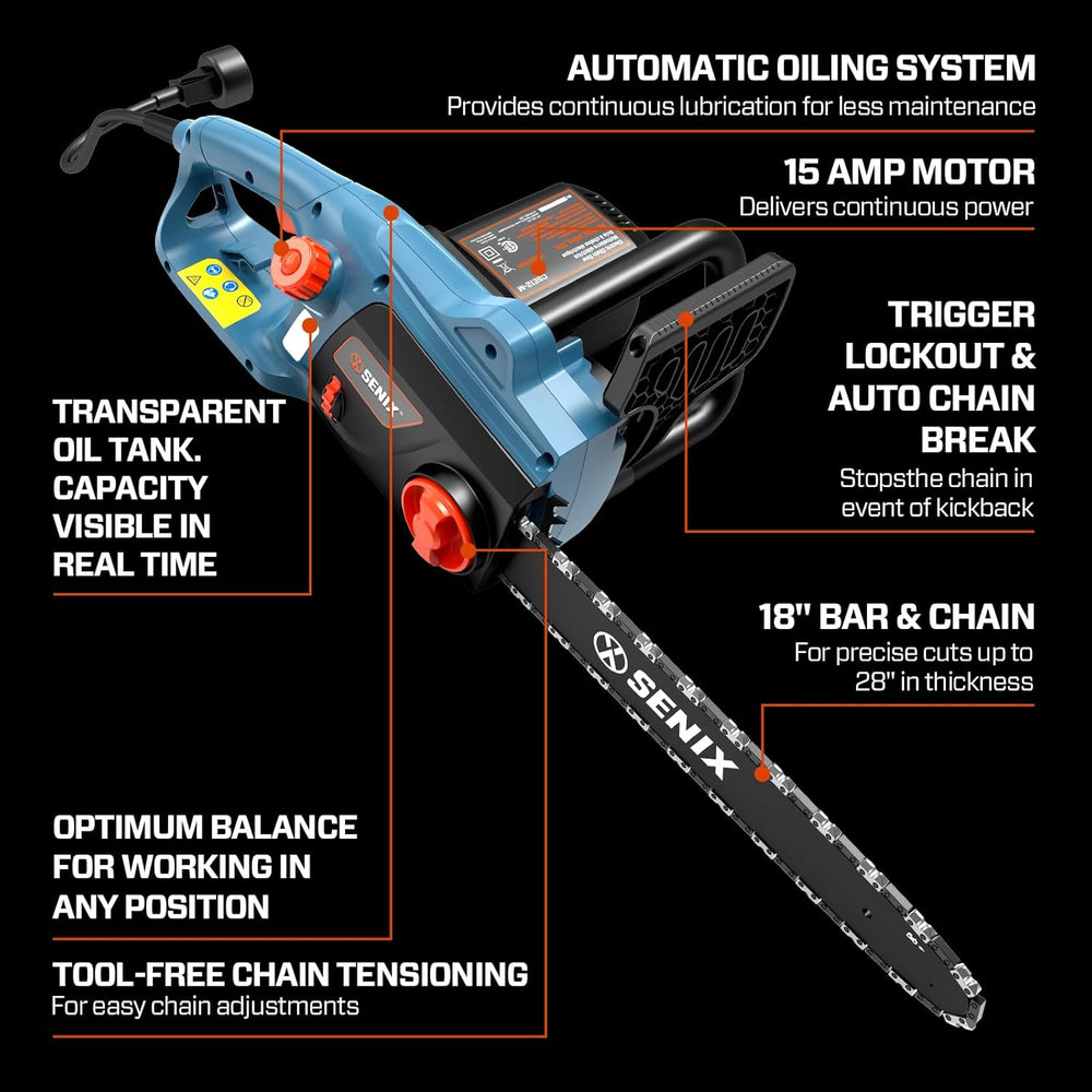 SENIX Electric Chainsaw, 18" Corded Chainsaw,15 Amp Chain Saw for Wood Cutting, Tree Trimming, Garden Tool for Pruning, Branch Cutting, Yard, Fathers Day Gift for Men,Gardener, CSE15-M 1557