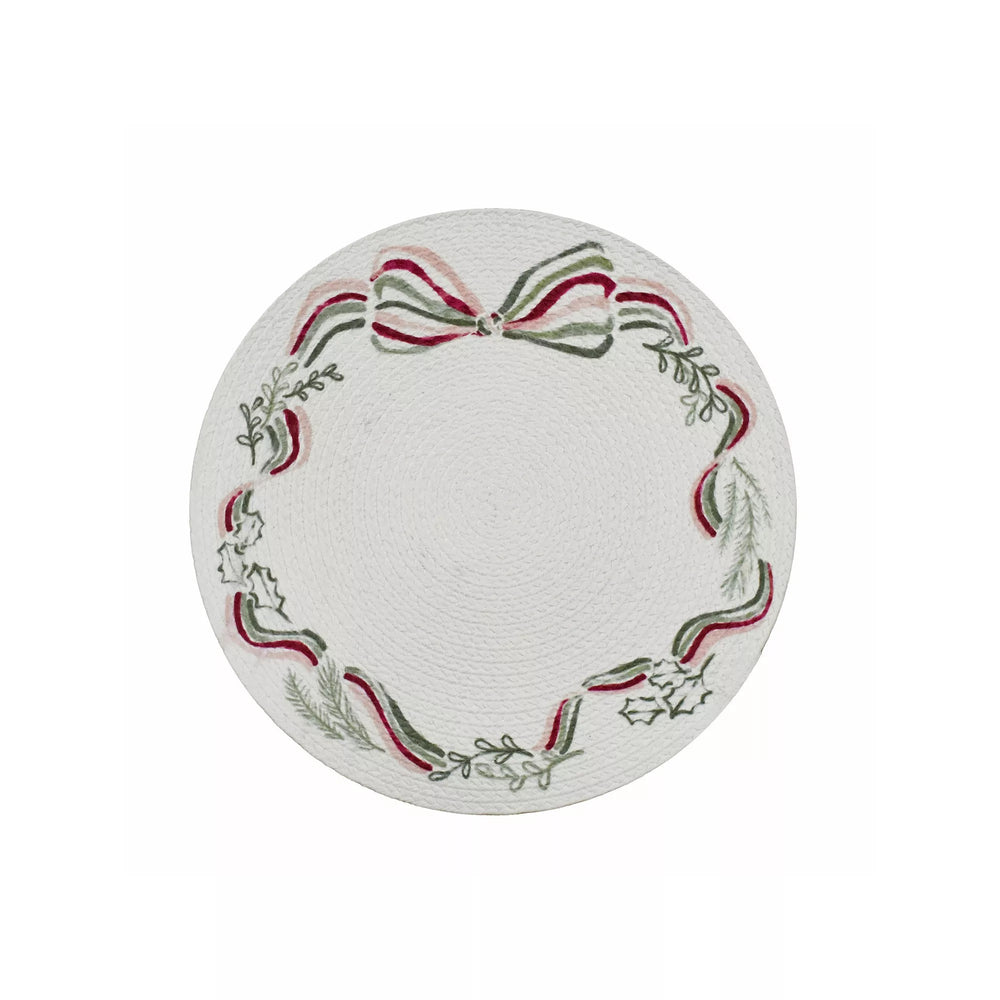 3 pack St. Nicholas Square  Ribbon Wreath Printed Braid Placemat, Ivory Wreath -B9-1234