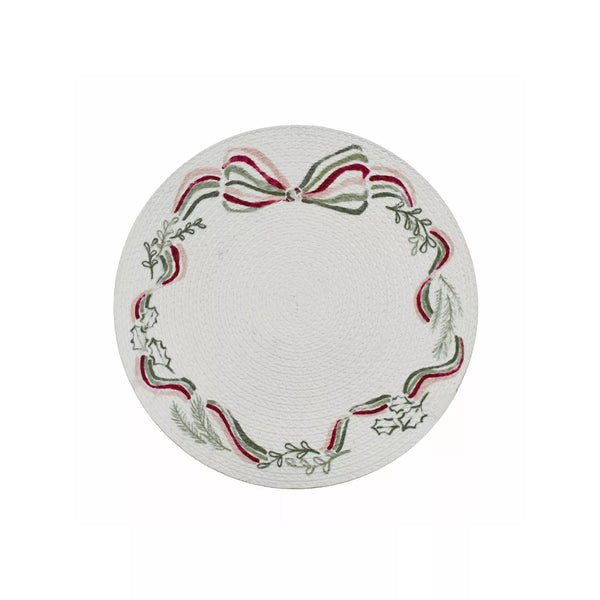 3 pack St. Nicholas Square  Ribbon Wreath Printed Braid Placemat, Ivory Wreath -B9-1234