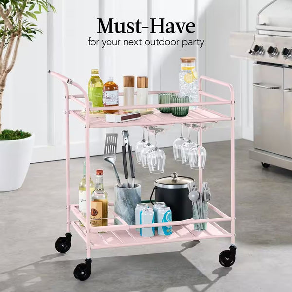 2-Tier Pink Outdoor/Indoor Metal Bar Serving Cart with Storage Shelves and Lockable Wheels 1737