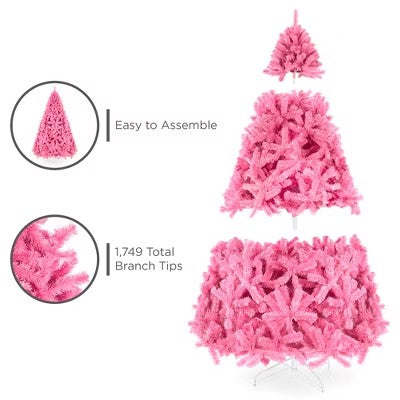 Best Choice Products 7.5ft Artificial Christmas Full Tree Festive Holiday Decoration w/ 1,749 Branch Tips, Stand - Pink - B6 - 473