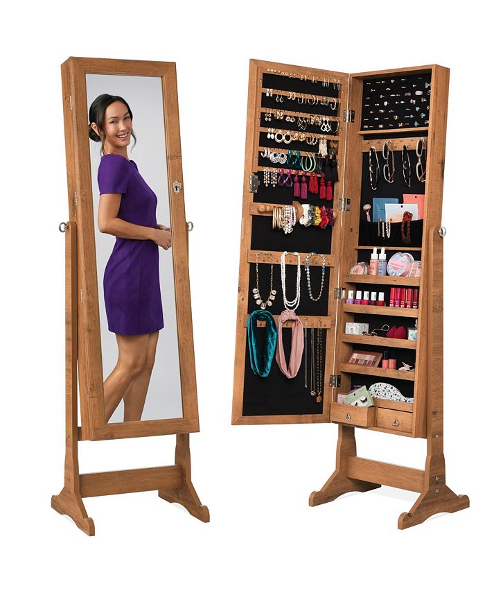 Best Choice Products Jewelry Armoire Cabinet, Full Length Mirror w/ Velvet Storage Interior, Lock - Brown - B14 - 1497