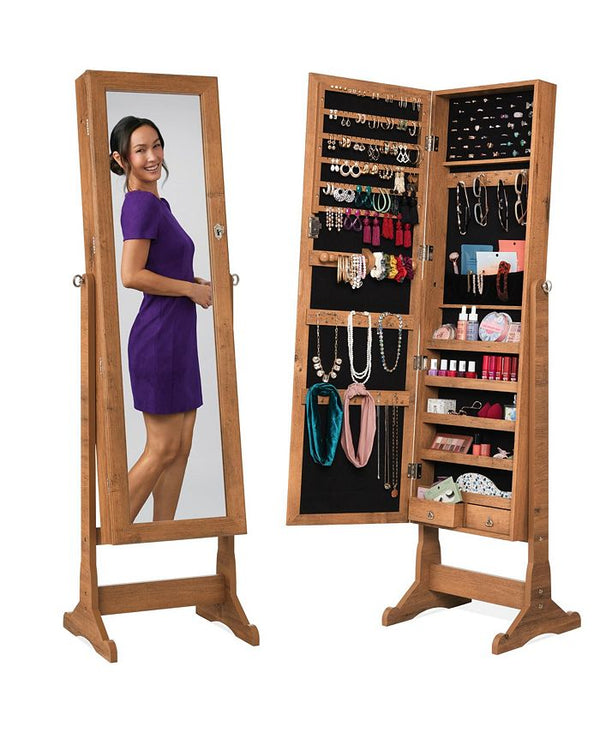 Best Choice Products Jewelry Armoire Cabinet, Full Length Mirror w/ Velvet Storage Interior, Lock - Brown - B14 - 1497