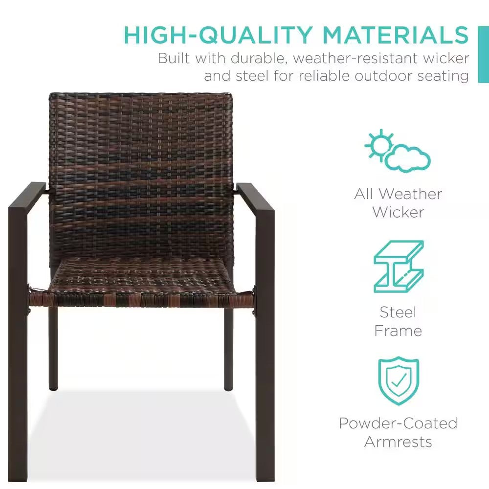 Stackable Brown Wicker Chairs with Armrests, Steel Conversation Accent Furniture for Patio (Set of 2) - D4 - 493