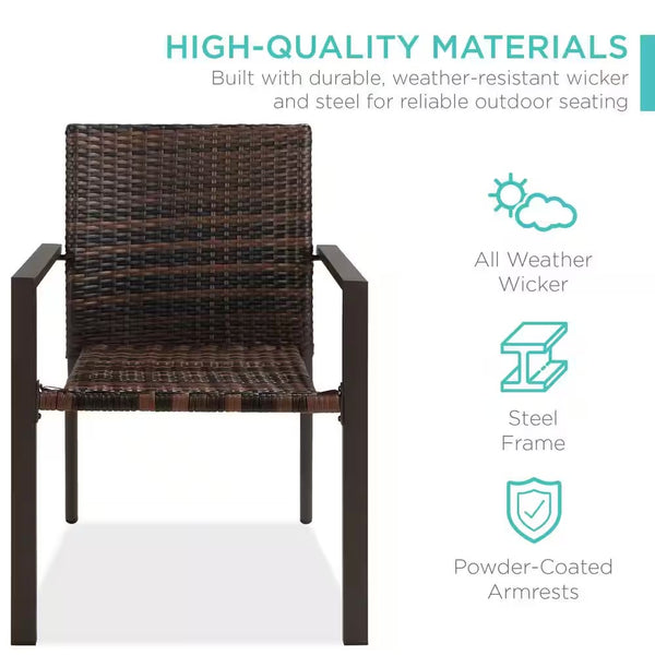 Stackable Brown Wicker Chairs with Armrests, Steel Conversation Accent Furniture for Patio (Set of 2) - D4 - 493