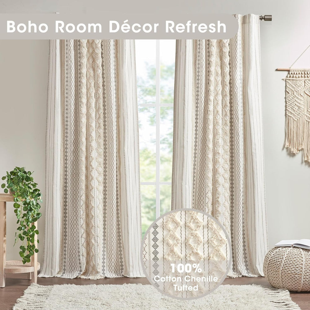 INK+IVY Imani 100% Cotton SINGLE PANEL Curtain Tufted Chenille Stripe Geometric Print Mid-Century Look Rod Pocket Top Drape for Living Room, Privacy Window Treatment for Bedroom, 50" W x 108" L, Ivory -A11-1285 -B11-1292