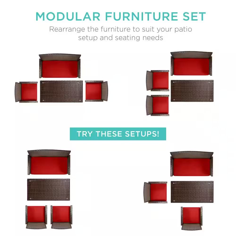 Brown 4-Piece Wicker Patio Conversation Set with Red Cushions, 4 Seats, Tempered Glass Table Top - D8 - 1466