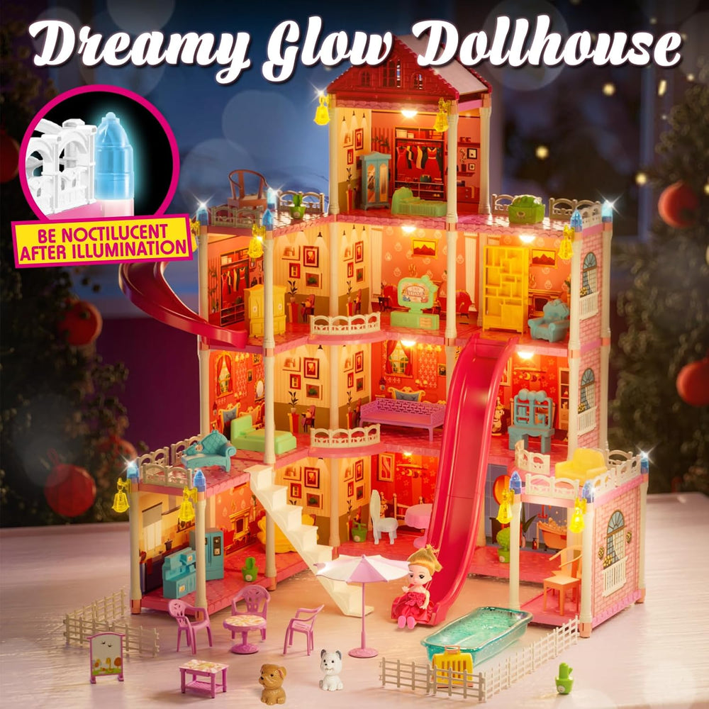 Lehoo Castle Doll House Dreamhome, 4-Story 12 Rooms Dollhouse Playhouse with Doll and Furniture, Pretend Dream Dollhouse Playset Pink Girl Toys, Sturdy Construction, Easy to Move, Ideal Gift Toy 1465