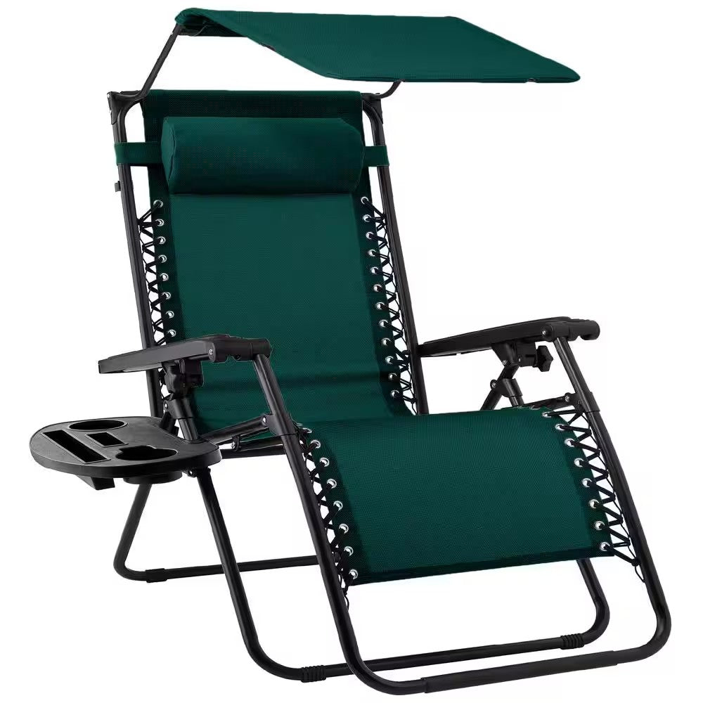 Zero Gravity Folding Reclining Forest Green Outdoor Lawn Chair with Canopy Shade, Headrest Tray -M12-0052