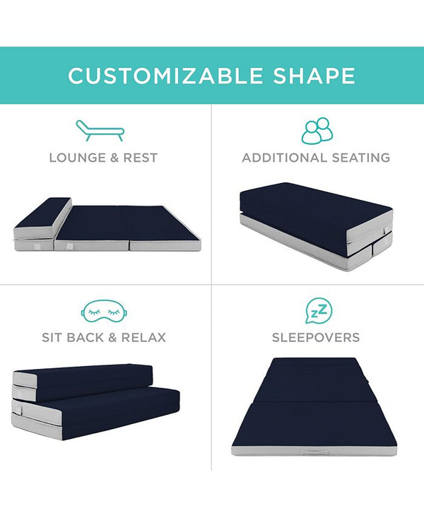 Best Choice Products 4in Thick Folding Portable Midnight Blue Mattress Topper w/ Carry Case, Washable Cover - Blue - Twin XL - C1 - 998
