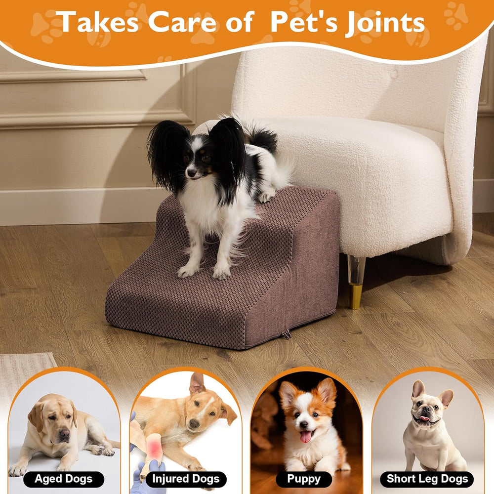 Dog Stairs for Small Dogs 11.5  H, 2-Step Dog Steps for Bed, Pet Stairs and Ramp for Dogs and Cats to Get on Beds, Couch, Non-Slip Balanced Pet Steps with Waterproof Cover, Brown - J3 - 1985