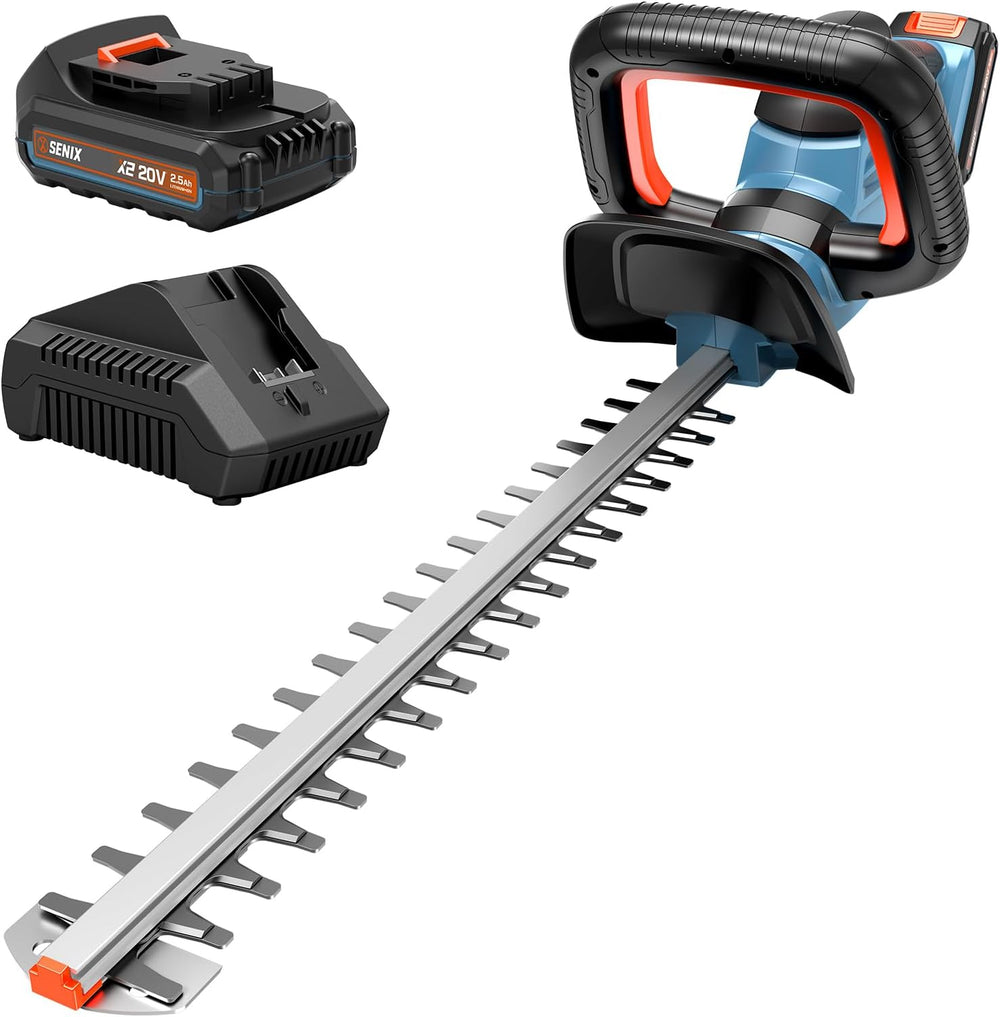 SENIX X2 20 Volt Max* 21-Inch Battery Powered Cordless Hedge Trimmer, Brushless Motor, Double-Sided Dual Action Blades, 3/4" Cutting Capacity, Includes Blade Cover, 2.5 Ah Battery & Charger (HTX2-M) 2000
