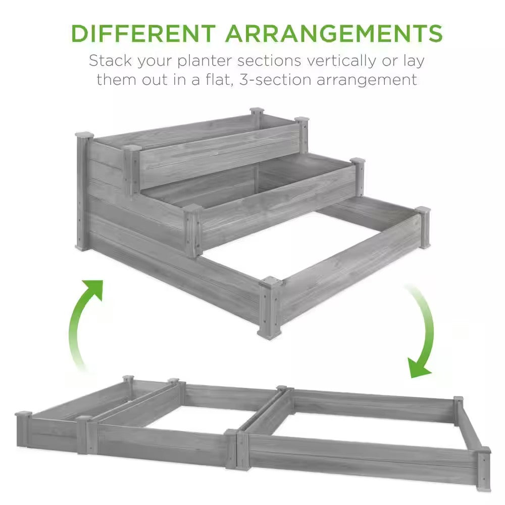 4 ft. x 4 ft. 3-Tier Wooden Raised Garden Bed Planter Kit for Plants, Vegetables, Outdoor Gardening - Gray - M8 - 1913