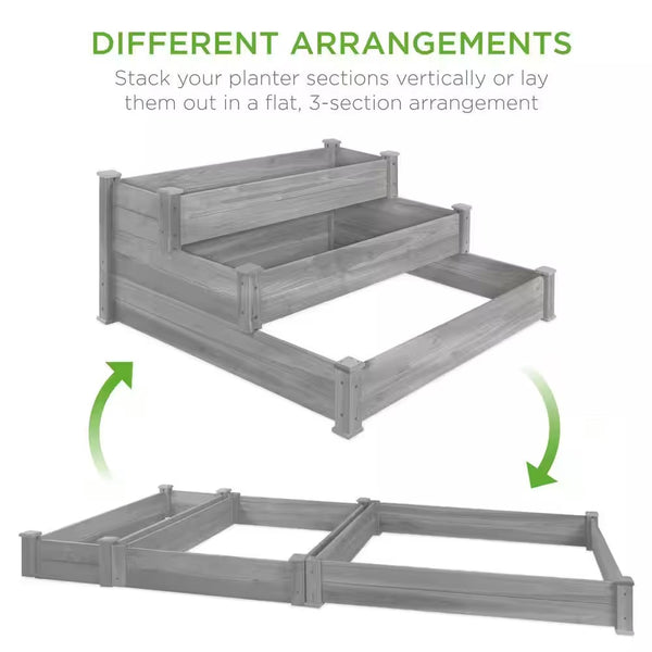4 ft. x 4 ft. 3-Tier Wooden Raised Garden Bed Planter Kit for Plants, Vegetables, Outdoor Gardening - Gray - M8 - 1913