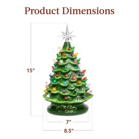 Best Choice Products 15in Ceramic Christmas Tree, Pre-lit Hand-Painted Holiday Decor w/ 64 Lights - Green w/ Multicolor Bulbs - G3 - 1614