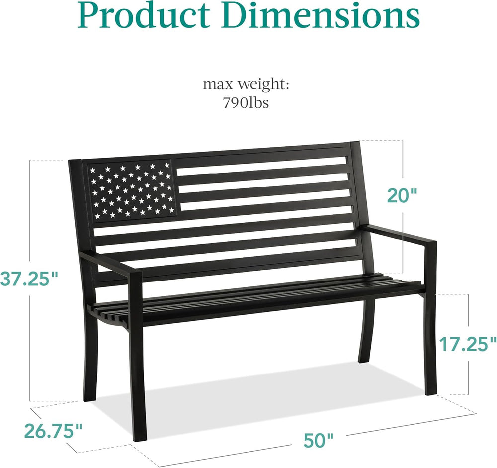 Best Choice Products Outdoor Bench 2-Person Steel Indoor/Outdoor Bench for Garden, Patio, Porch, Entryway w/American Flag, 790lb Capacity   Black - D5 - 1456
