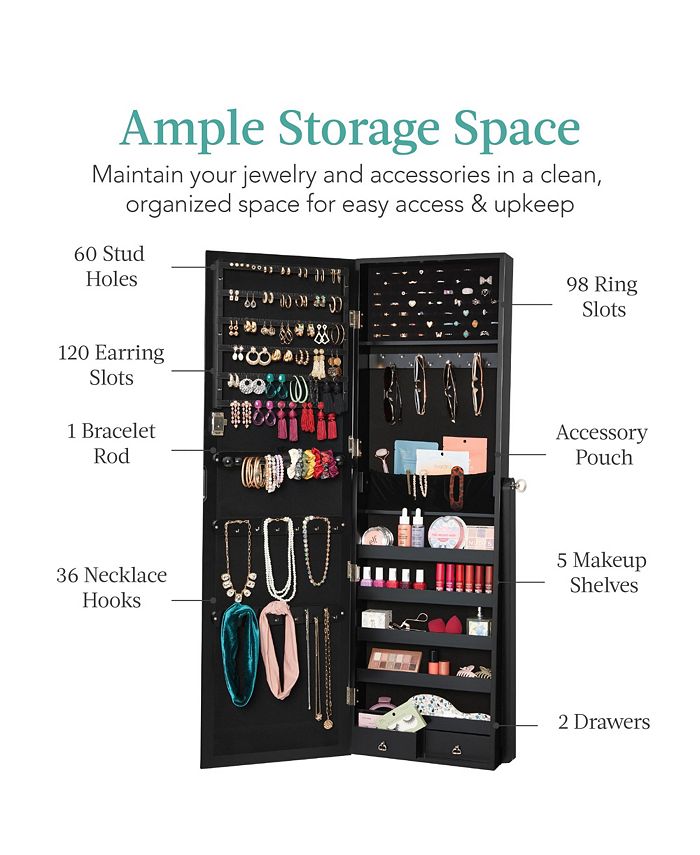 Best Choice Products Jewelry Armoire Cabinet, Full Length Mirror w/ Velvet Storage Interior, Lock - Black - E6 - 1678
