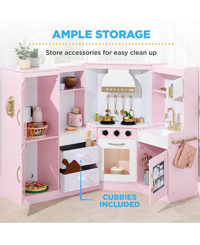 Best Choice Products Pretend Play Corner Kitchen, Interactive Wooden Kids Set w/ Lights & Sounds - Pink - NO SIZE - D9 - 1468