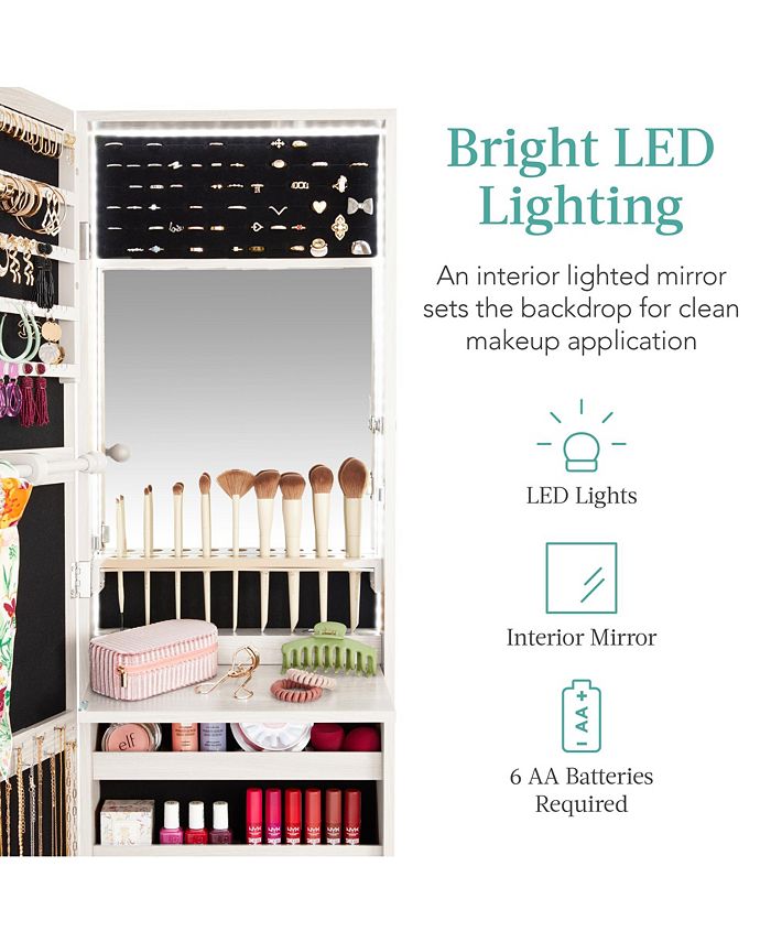 Best Choice Products Hanging Mirror Jewelry Armoire, Door or Wall Mounted Cabinet w/ LED Lights, Lock - White - D2 - 1034