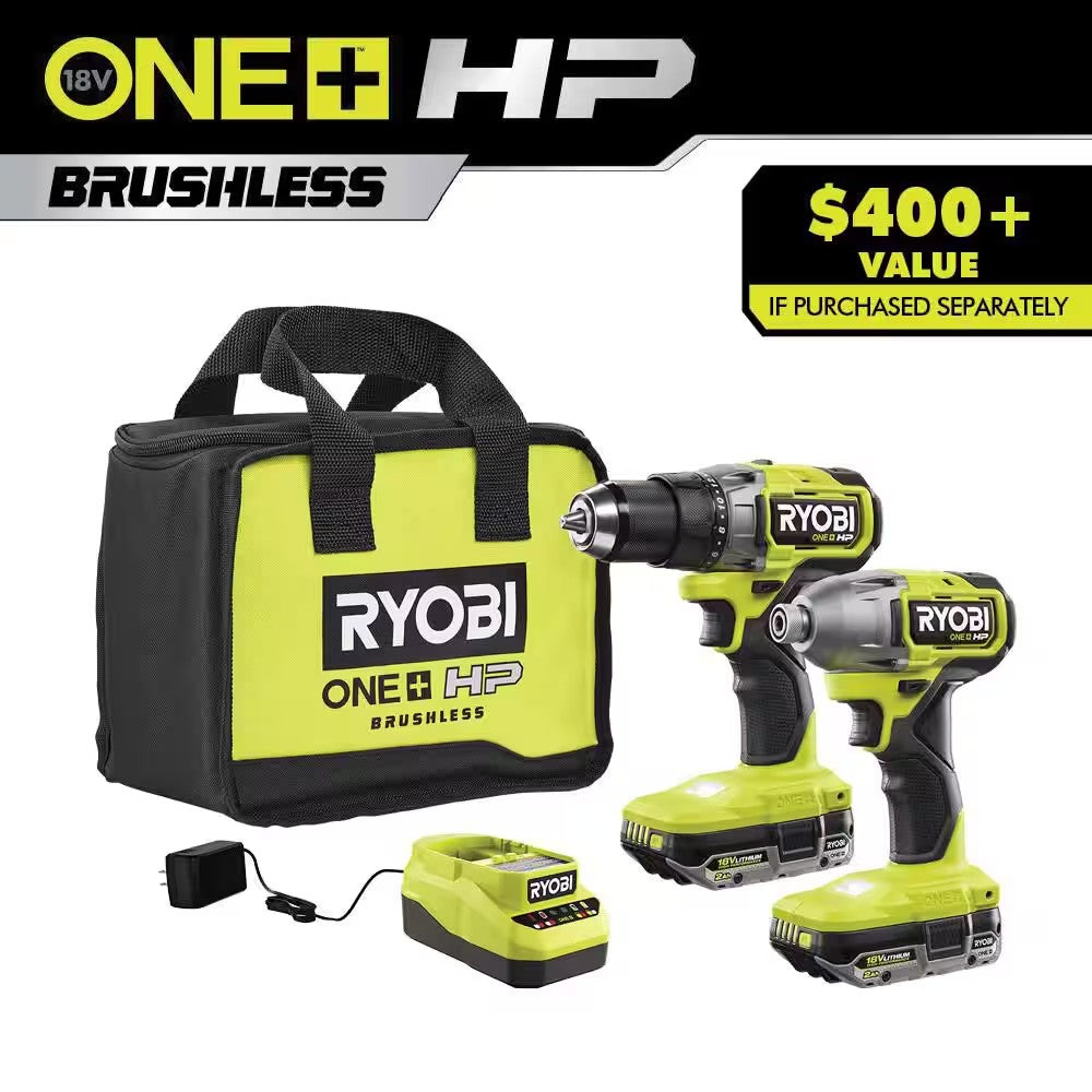 RYOBI ONE+ HP 18V Brushless Cordless 1/2 in. Drill/Driver and Impact Driver Kit w/(2) 2.0 Ah Batteries, Charger, and Bag 1675