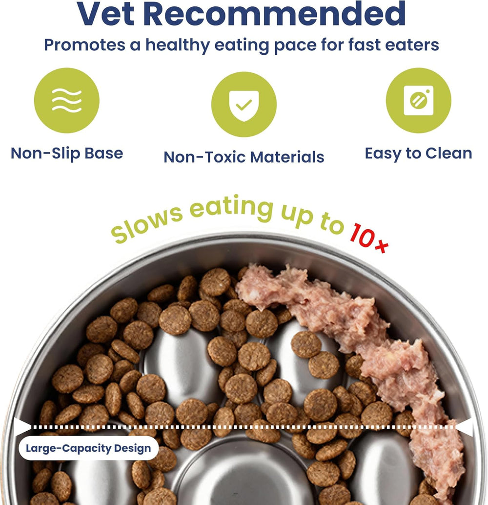 PawsPik Stainless Steel Slow Feeder Dog Bowl   4 Cup Capacity, 18/8 Food-Grade Metal, Anti-Slip Silicone Base, Four-Ridge Design for Slow Eating & Improved Digestion - F6 - 1805