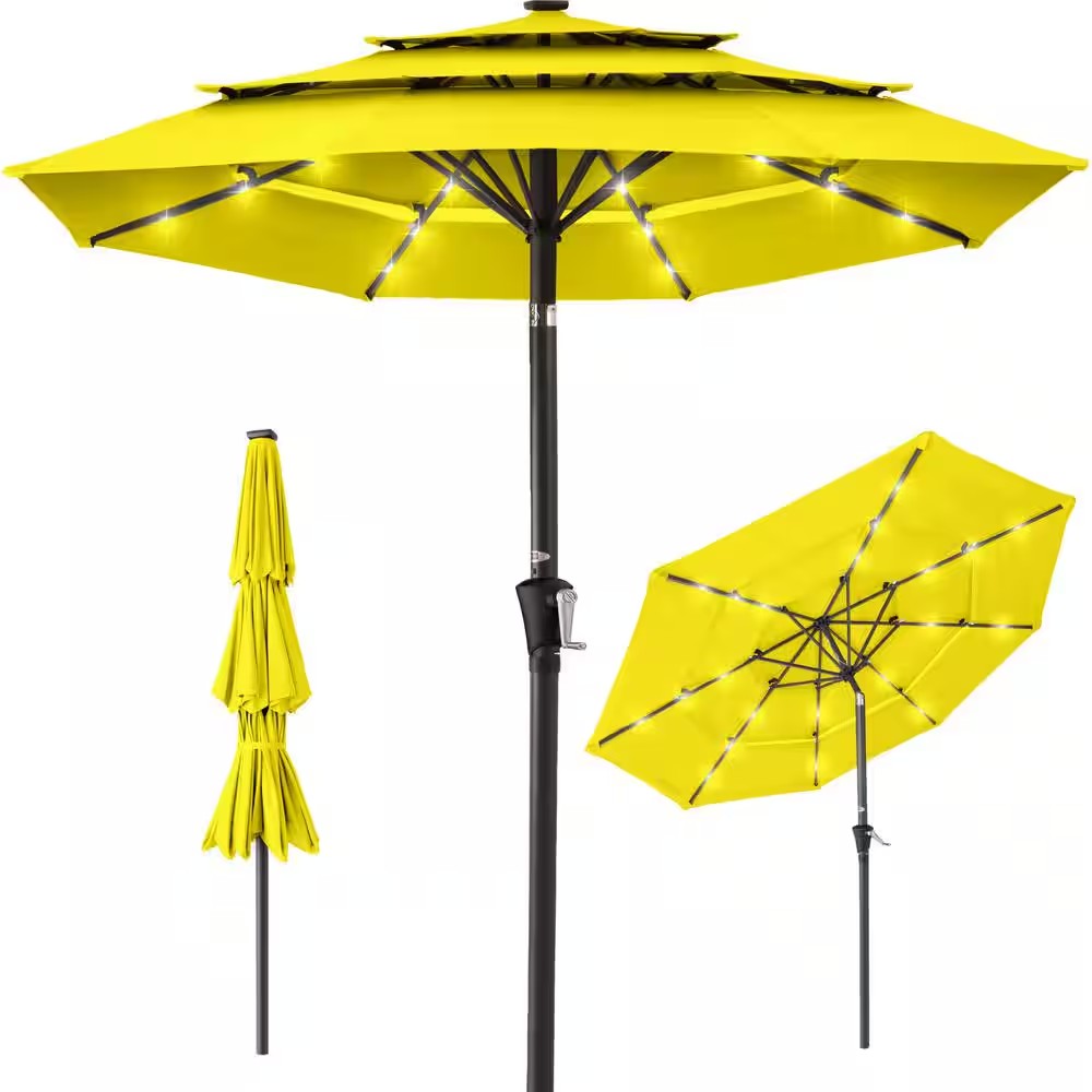10 ft. Steel Market Solar Tilt Patio Umbrella with 24-LED Lights, Tilt Adjustment, Easy Crank in Yellow - E3 - 963